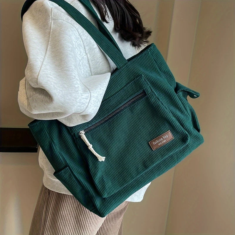 Simple Corduroy Tote Bag, Solid Color Shoulder Bag, Retro Multi Pockets Handbag For School Work Shopping Econic Blanks